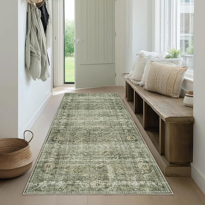 FMFUNCTEX 2x6 Runner Rug Green Vintage Neutral Washable Distressed Non Slip Low Pile Indoor Carpet Soft Retro Hallway Entryway Rug for Kitchen Living Room Bedroom Bathroom Laundry Entrance Bedside
