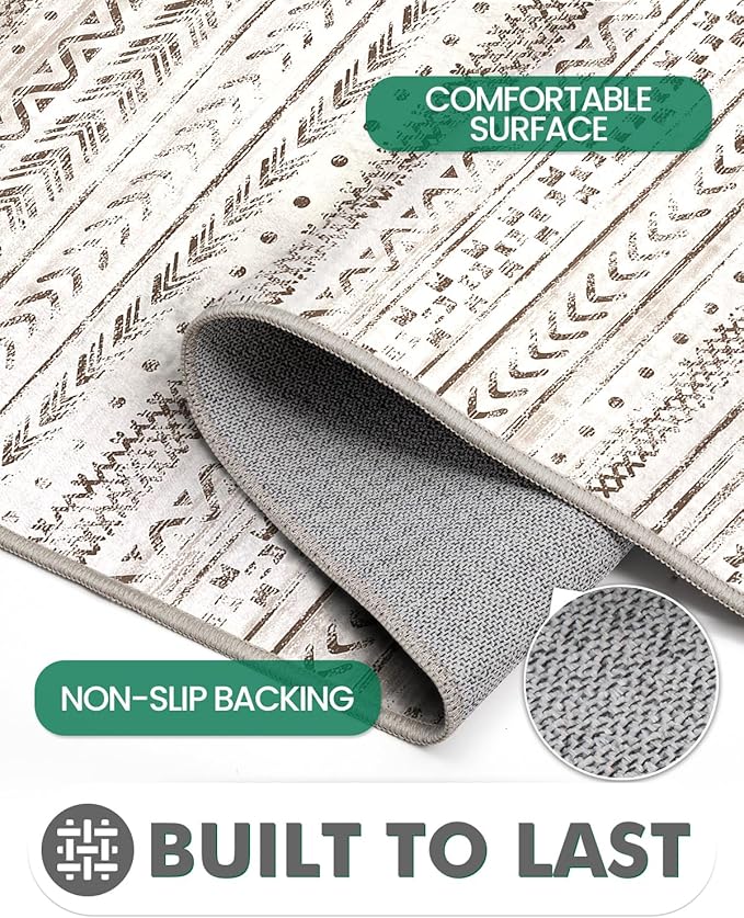 LUMI Ultra Thin Door Mat, 36x59 Non Slip Indoor Doormat Entrance Washable Rugs Entryway Oriental Vintage Soft Carpet for Kitchen Bedroom Front Door, White and Brown