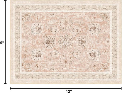 Phantoscope Washable Area Rug 9'x12' Non-Slip, Vintage Neutral Rugs for Living Room, Bedroom, Dining Room, Distressed Boho Floral Medallion Pattern, Low-Pile Foldable Floor Carpet, Soft Pink/Beige