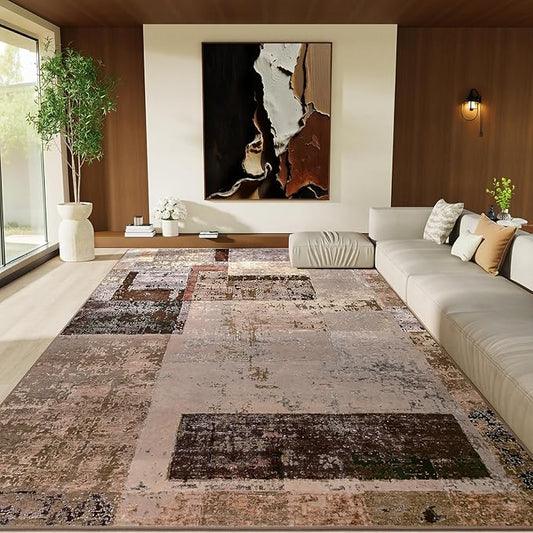 LOCHAS Rug for Living Room, Washable Soft Area Rugs for Bedroom 8x10, Abstract Carpet for Office Kids Dining Room Nursery Floor, Brown Pink Geometric Vintage Home Decor, Non Slip, Pet Child Friendly