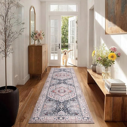 PURRUGS Vintage Farmhouse Boho Runner Rug 2x6 ft, Non-Slip Machine Washable Rug, Accent Oriental Area Rug for Kitchen, Hallway, Entryway, Bedroom, Living Room and Dining Room, Coral Red/Marine Blue