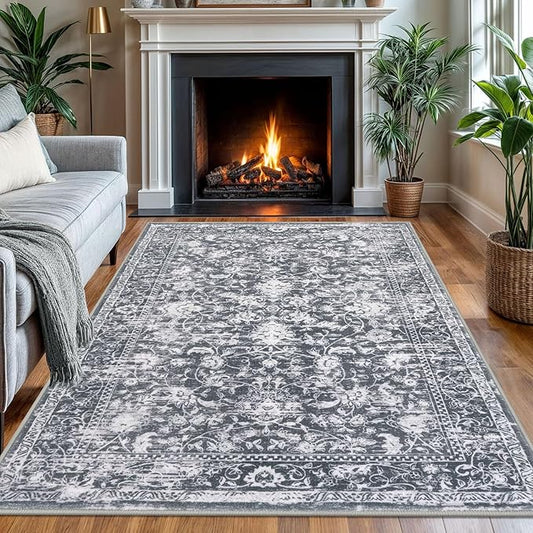 KILOCOCO Area Rug 4x6 Entryway Rug Washable Printed Vintage Floral Rubber Backed Non Slip Indoor Kitchen Rugs for Laundry Room Playroom Bedroom Living Room Moroccan Area Rugs, Grey