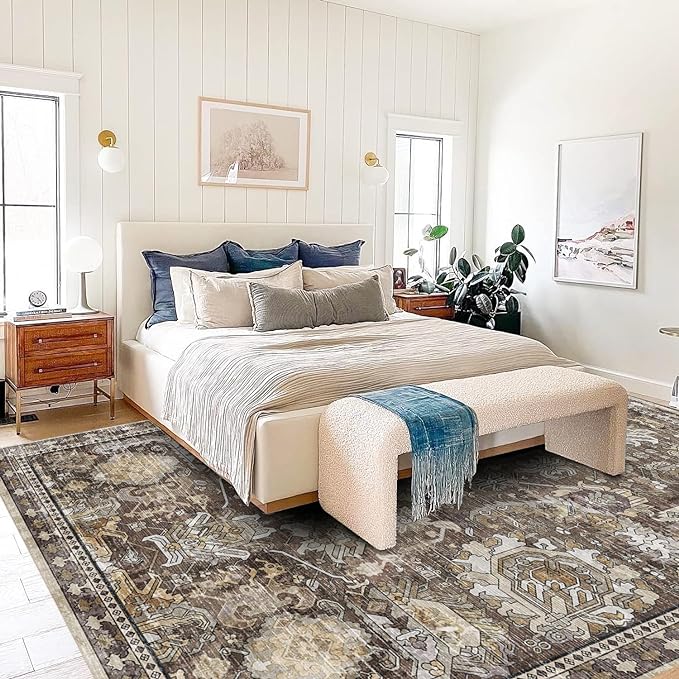 RUGSURE Washable Area Rugs - Perfect for Living Room, Bedroom, Kids Room, Nursery - Stain & Water Resistant Non-Slip, Pet & Child Friendly, Vintage Tribal Area Rugs (Ivory, 9' x 12')
