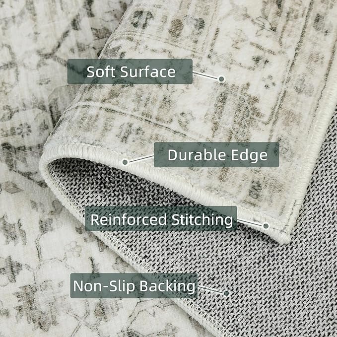 Deerly 3x8 Runner Rug Non Slip - Kitchen Washable Rug Runner with Non-Shedding, Boho Runners for Hallways Distressed Carpet Bedroom Border Cream