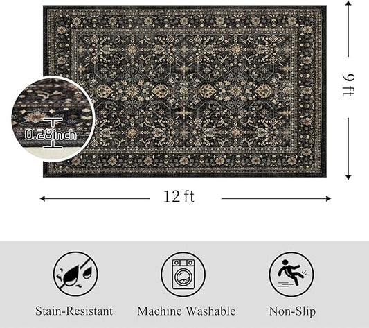 Area Rug Non Slip Machine Washable Ultra Soft Living Room/Bedroom/Kitchen/Outdoor/Classroom Black Grey, 9'×12'