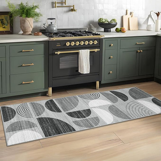 MUJOO Runner Rug Washable,2x6 Area Rugs for Hallways Kitchen Bathroom Bedroom Entryway,Non Slip Carpet Long Mat Indoor,Boho Soft Modern Abstract Black and Grey