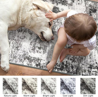 Modern Abstract Runner Rug 2x6, Black Grey Washable Kitchen Runner Non-Slip Soft Hallway Rug Runner Thin Print Faux Wool Carpet for Entryway Bedroom Laundry Room Indoor Home Decor