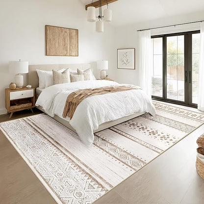 BESTSWEETIE 8x10 Area Rugs for Living Room Washable Moroccan Farmhouse Neutral Geometric Low Pile Non-Slip Soft Print Pattern Rug for Bedroom Kitchen Dining Room Entryway Cream/Brown/Pink