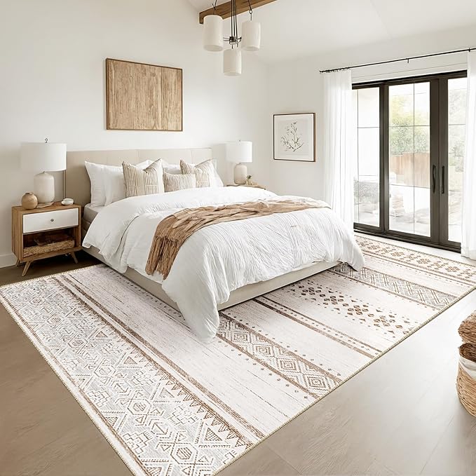 BESTSWEETIE 5x7 Area Rugs for Living Room Washable Moroccan Farmhouse Neutral Geometric Low Pile Non-Slip Soft Print Pattern Rug for Bedroom Kitchen Dining Room Entryway Cream/Brown/Pink