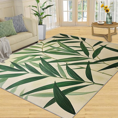 4x5 Bamboo Leaves Indoor Outdoor Rug - Realistic Botanical Art Bedside Rug, Minimalist Leaves Washable Entry Way Rugs Kids Carpet for Inside House Playroom Living Room End Table Nursery