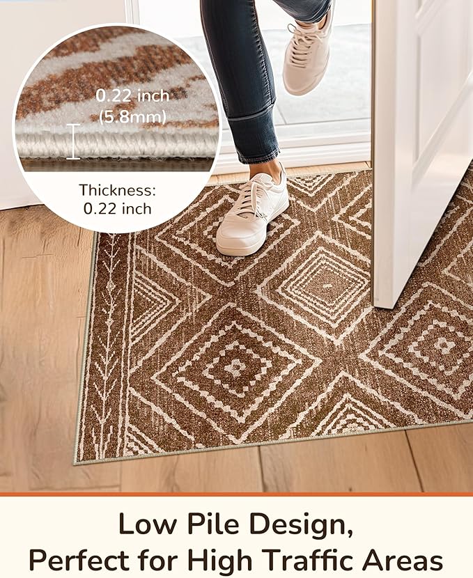 Area Rug 2x10 Rug Machine Washable Non-Slip Low Pile Print Pattern Western Rug for Living Room Bedroom Entryway Tribal Series -Yellowbrown/Cream