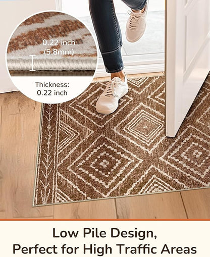 Area Rug 2x10 Rug Machine Washable Non-Slip Low Pile Print Pattern Western Rug for Living Room Bedroom Entryway Tribal Series -Yellowbrown/Cream