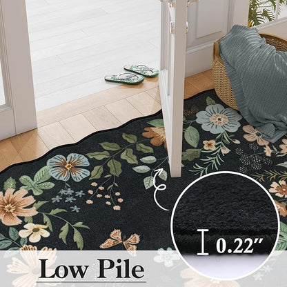Lahome Floral Washable Round Rugs, Non-Slip Soft Round Rug 4ft Ultra-Thin, Small Boho Circle Carpet for Entryway Kitchen Bedroom Nursery Bathroom, Black/Grey