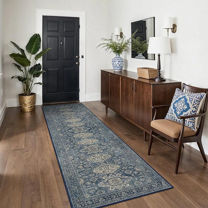 Bavni Washable Runner Rug 2’6”x8’, Non Slip Vintage Hallway Runner, Ultra Thin Low Pile Washable Carpet for Kitchen Entryway Bedroom, Blue