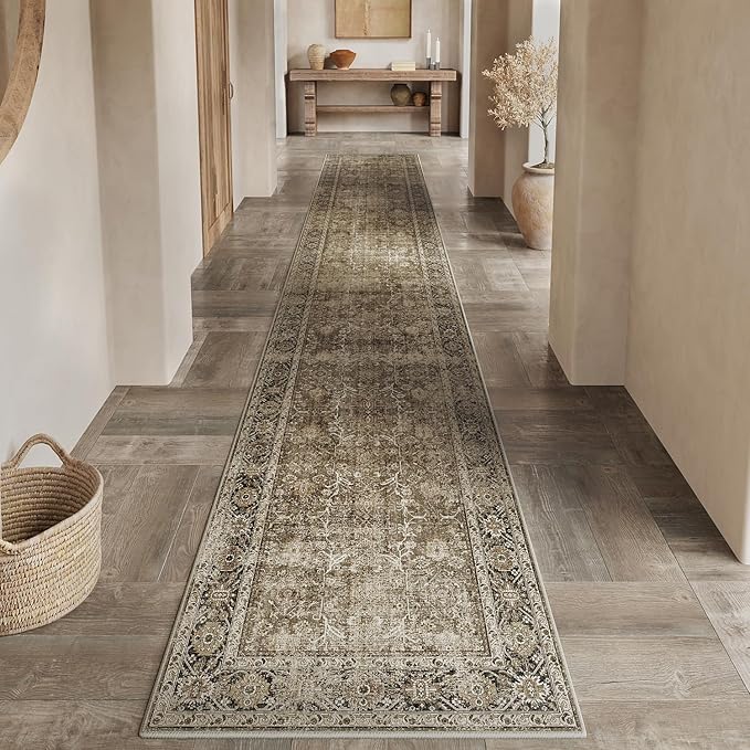 Brown Runner Rug 2x5 Vintage Area Carpet Hallway Indoor Kitchen Washable Living Room Low Pile Traditional Distressed Retro Accent Throw Rug Non Slip for Laundry Bathroom Office Dining Room