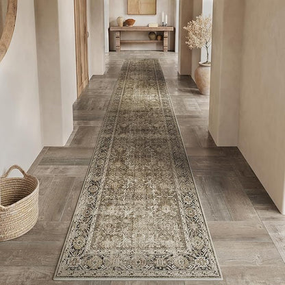 Brown Runner Rug 2x5 Vintage Area Carpet Hallway Indoor Kitchen Washable Living Room Low Pile Traditional Distressed Retro Accent Throw Rug Non Slip for Laundry Bathroom Office Dining Room