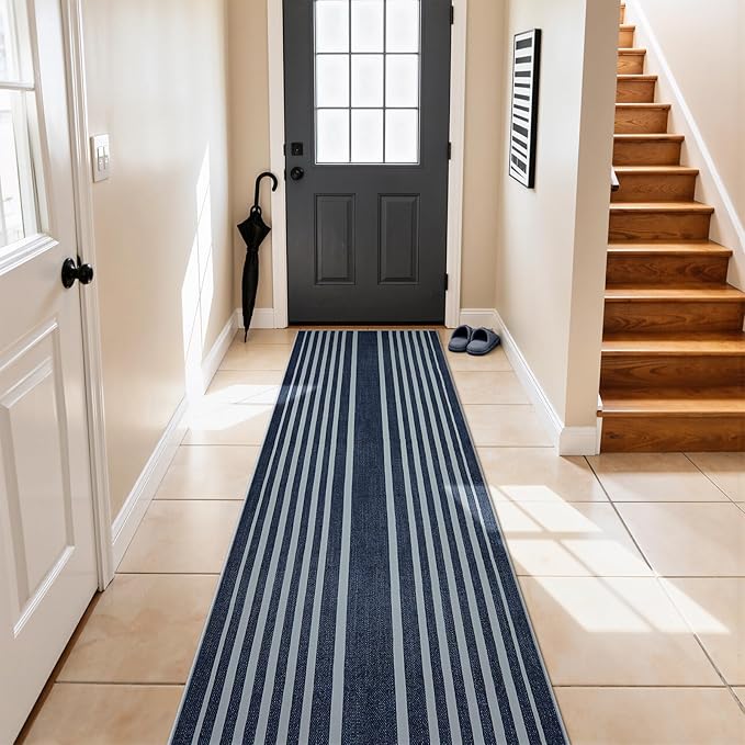Beeiva Striped Blue Runners for Hallways, 2.5x8 Washable Bathroom Runner with Rubber Backed, Non Slip Soft Low Pile Indoor Floor Carpet for Kitchen Bedroom Porch High Traffic Areas