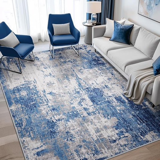 Washable Area Rugs Square 7ft Non-Slip Modern Abstract Soft for Living Room Entryway Bedroom Nursery, Print Pattern, Blue Grey Navy Gray