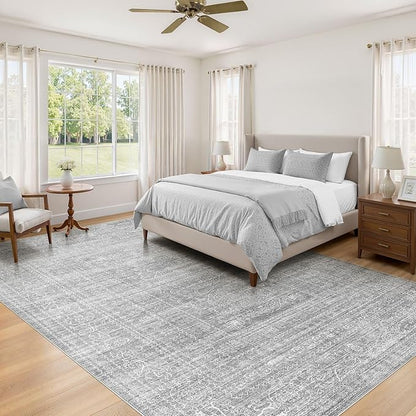 6x9 Area Rugs Living Room: Washable Large Vintage Grey Rug Neutral Non-Slip Soft Stain Resistant Indoor Carpet for Bedroom Nursery Dining Room Under Table Bed Home House Office Playroom