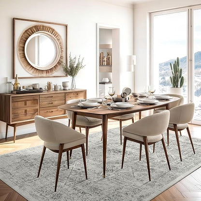 5x7 Area Rugs Grey Low Pile Indoor Washable Trendy Faded Style Floral Rugs for Bedroom Living Room Dining Room Foldable Non-Slip Thin Print Mat
