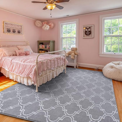 Amearea Fluffy Indoor Area Rug, Soft Trellis Moroccan Rugs for Bedroom, Shag Modern Area Rug for Living Room Kids Room Nursery, Easy Clean, Home Decor Low Pile Carpet, Light Gray 6x9 Feet