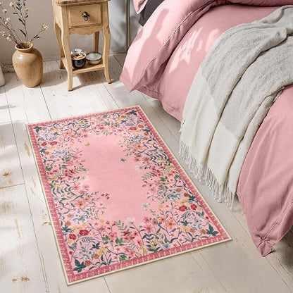 Lahome Boho Floral 2x3 Small Pink Rugs for Bedroom Washable Bathroom Rugs,Boho Floral Door Mat Indoor Entrance,Soft Non-Slip Indoor Carpet Throw Rug for Bedside Entryway Laundry(Pink,2x3)