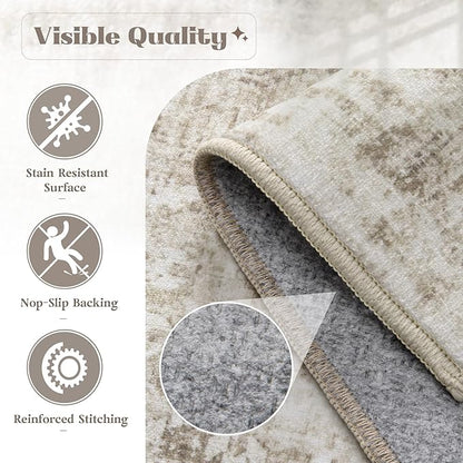 Area Rug 8x10 Washable Rug, Vintage Boho Medallion Rugs Non-Slip Soft Low Pile Large Distressed Rug Indoor Retro Carpet for Living Room Bedroom Dining Room Home Office (Taupe, 8'x10')