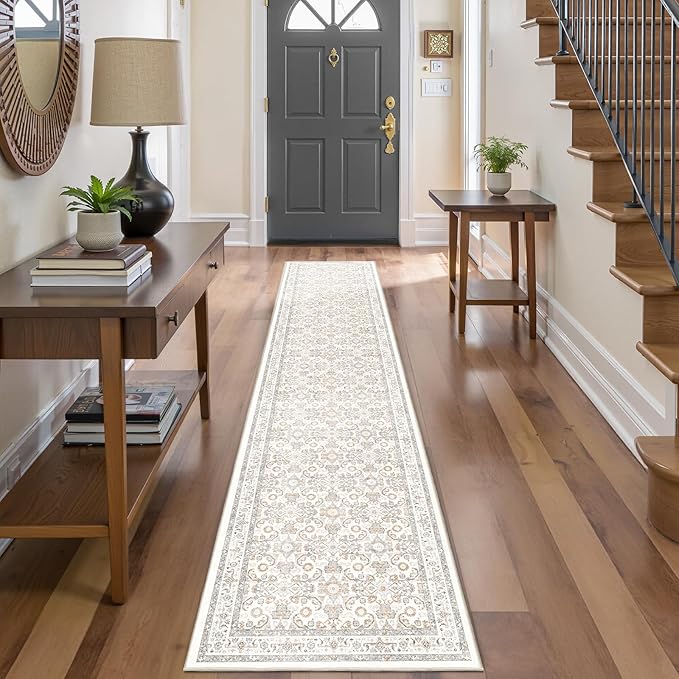 WITSHOCK 2x10 Long Runner Rug for Hallway,Washable Rug Distressed Boho for Bedroom Kitchen Entryway Indoor Entrance,Non Slip Runner Rugs with Rubber Backing,Camel/Beige
