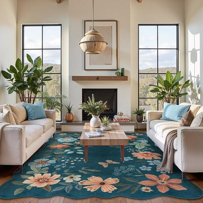 Lahome Floral Washable Rugs 8x10, Non-Slip Soft 8x10 Rugs for Living Room Bedroom, Ultra-Thin Stain Resistant Easy Clean Boho Blue Accent Carpet for Dining Room Office(8x10ft,Navy Blue)