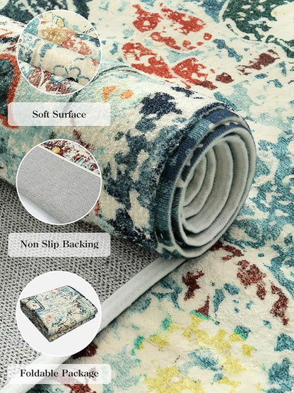 Lahome Bohemian Floral Medallion Round Rug - 3Ft Small Bedroom Round Area Rug Soft Bathroom Circle Mat, Teal Vintage Non Slip Machine Washable Entryway Carpet for Nursery Kitchen Family Room