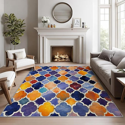 Moroccan Rugs for Living Room -Moroccan Trellis Rug, 3x5 ft, Colorful Geometric Area Rug, Oriental Tile Washable Non-Slip Rugs for Entryway, Traditional Patchwork Home Decor & Gifts