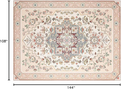 Phantoscope Washable Area Rug 9'x12' Non-Slip, Vintage Boho Rugs for Living Room, Bedroom, Dining Room, Persian Floral Medallion Pattern, Low-Pile Foldable Floor Carpet, Ivory Rose/Fall Bloom