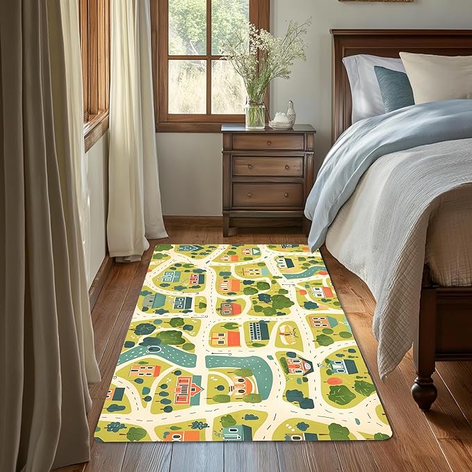 Cute Map Cars Washable 3x5 Area Rugs for Living Room, Thin Low Pile Contemporary Carpet, Non-Slip Base Lightweight Rug