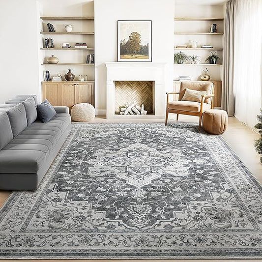 Marsail 8x10 Washable Area Rug, Soft & Slip-Resistant Large Area Rug with Reinforced Bound Edges, Vintage Short-Pile Washable Rug with Floral Pattern for Living Room, Dinning Room and Bedroom, Grey