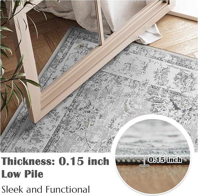 jinchan Fiora Runner Rug 2x5 Machine Washable Hallway Rug Grey Vintage Floral Print Non-Slip Low Pile Ultra-Thin for Kitchen, Entryway, Laundry Room, Bedroom, Farmhouse (2‘x5’, Grey)