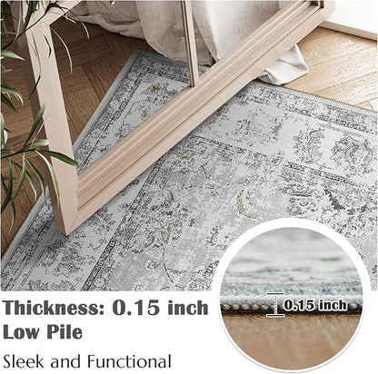 jinchan Fiora Vintage Floral 6x9 Area Rugs for Living Room - Machine Washable Distressed Design Stain Resistant Boho Carpet Ultra-Thin Low Pile Non-Slip Rug for Bedroom Dining Room (6'x9', Grey)
