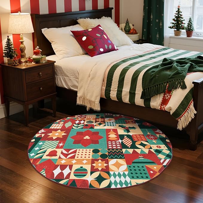 jinchan Round Christmas Rug 5ft for Living Room Washable Circle Christmas Bedroom Rug 5' Round Xmas Geometric Non-Slip Soft Carpet Festive Red-Green Holiday Patch Decor for Entryway Porch Kitchen