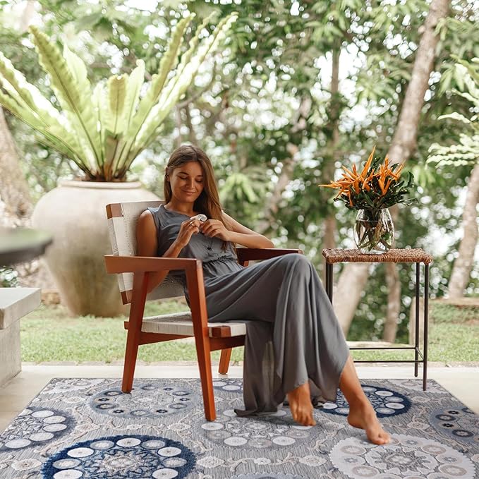 CAMILSON Indoor Outdoor Rug 6x9 Bohemian Medallion Floral Area Rugs for Indoor and Outdoor Patios Easy-Cleaning Non-Shedding Living Room Garden and Kitchen Washable Outside Carpet (6 x 9 / Blue)