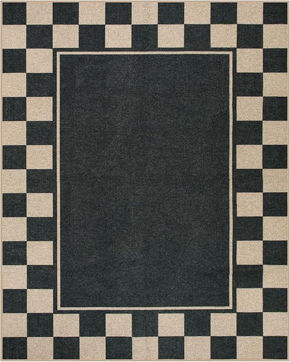 Moynesa Checkered Easy Jute Outdoor Rug 8x10 Area Rugs for Living Room, Black Washable Indoor Outdoor Patio Rug Non Slip, Large Farmhouse Carpet for Bedroom Dining Room Backyard