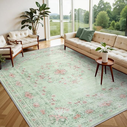 Wonnitar Green Area Rug for Living Room, Floral Bow 8x10 Washable Rug, Ultra-Thin Non Shedding Soft Boho Carpet for Bedroom Dining Room Playroom Dorm, Light Green