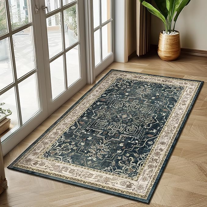 Washable Throw Rugs for Entryway, 4x6 Dark Rug with Rubber Backing for Living Room Bedroom, Vintage Medallion Distressed Area Rug for Kitchen/Bathroom/Dorm/Home Office, Midnight/Multi