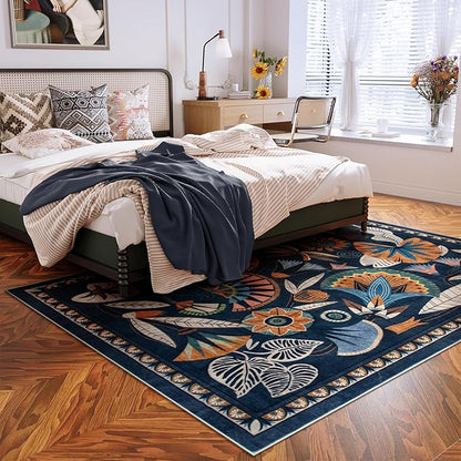 Egypt Floral Washable 5x7 Area Rug for Living Room, Large Boho Bedroom Dining Room Rugs for Under Table, Vintage Non Slip Soft Throw Carpet for Playroom Office Apartment (Dark Blue, 5 x 7)