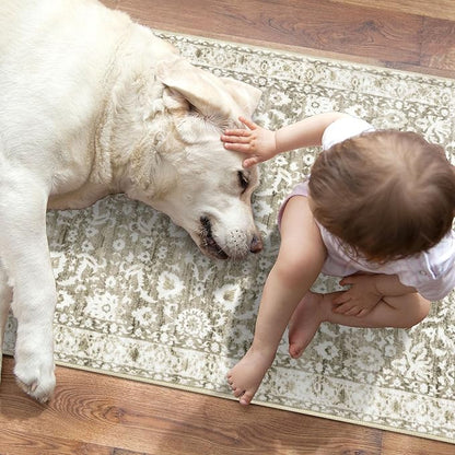 Hallway Runner Rug, Beige Tan White Washable Runner Rug 2x8 Vintage Floral Neutral Kitchen Rug Runner Non Slip Thin Printed Faux Wool Super Soft Carpet for Entryway Bedroom Laundry Room Indoor