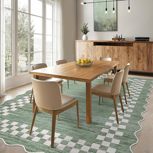 GarveeHome 8x10 Area Rug for Living Room Scalloped Washable Large Bedroom Rug Non Slip Stain Resistant Modern Border Dining Room Throw Carpet Scalloped Boho Rug for Home Decor Office Nursery, Green