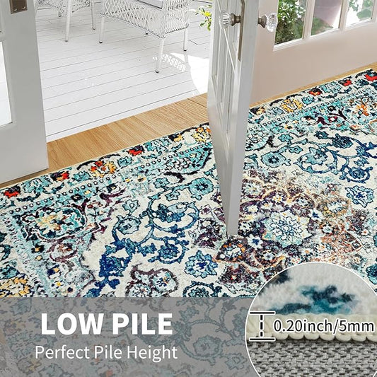 Easy-Going Boho Area Rug 2x3 Washable Entryway Rugs Front Door Mat Indoor Entrance Non-Slip Medallion Distressed Small Entry Rug for Living Room Bedroom Bathroom Lightweight Carpet, Vintage Multi