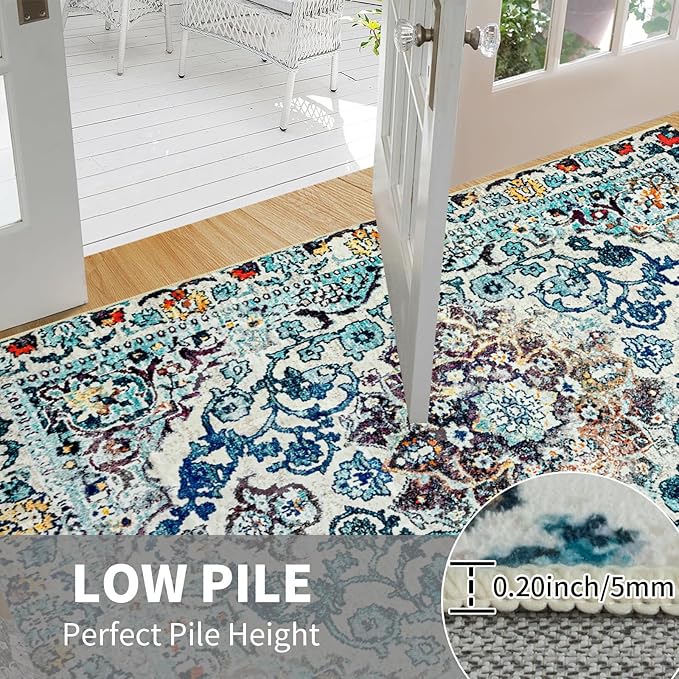 Easy-Going Area Rug 5x7 Washable Boho Rugs for Living Room Non-Slip Bedroom Rug Low Pile Lightweight Medallion Distressed Throw Rug for Dining Room Kitchen Home Office Carpet, Vintage Multi
