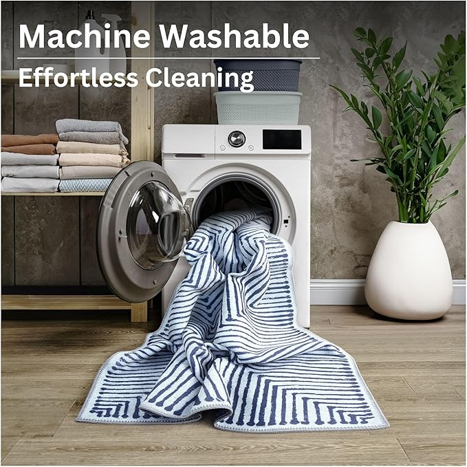 Bloom Rugs Washable Non-Slip 7 ft Runner - Blue/Ivory Striped Runner for Entryway, Hallway, Bathroom, and Kitchen - Exact Size: 2.5' x 7'