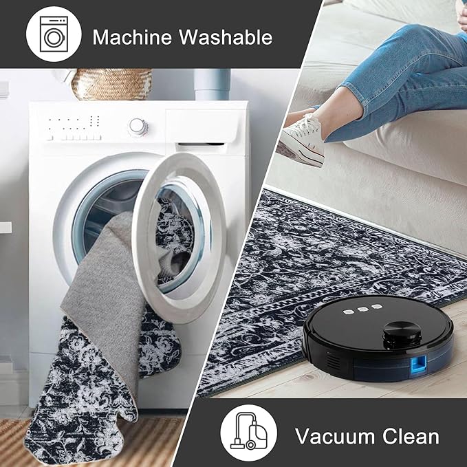KILOCOCO Area Rug 3x5 Entryway Rug Washable Printed Vintage Floral Rubber Backed Non Slip Indoor Kitchen Rugs for Living Room Laundry Room Playroom Mudroom Moroccan Area Rugs, Black/Navy/White