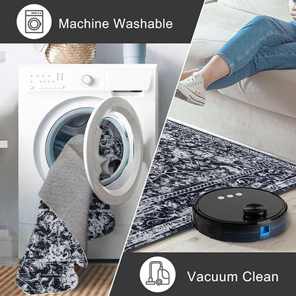 KILOCOCO Area Rug 3x5 Entryway Rug Washable Printed Vintage Floral Rubber Backed Non Slip Indoor Kitchen Rugs for Living Room Laundry Room Playroom Mudroom Moroccan Area Rugs, Black/Navy/White