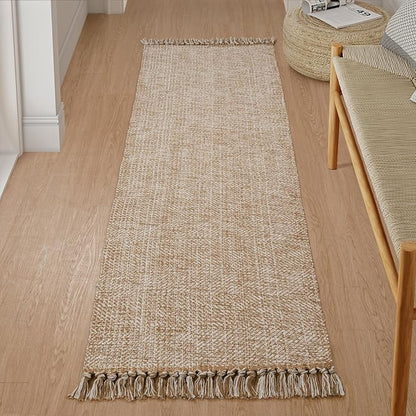 Collive Boho Runners for Hallways 2x7 ft, Washable Kitchen Runner Rug Low-Profile Neutral Indoor Entryway Rug, Tan/Cream Braided Cotton Floor Carpet for Laundry Room Bedroom Doorway